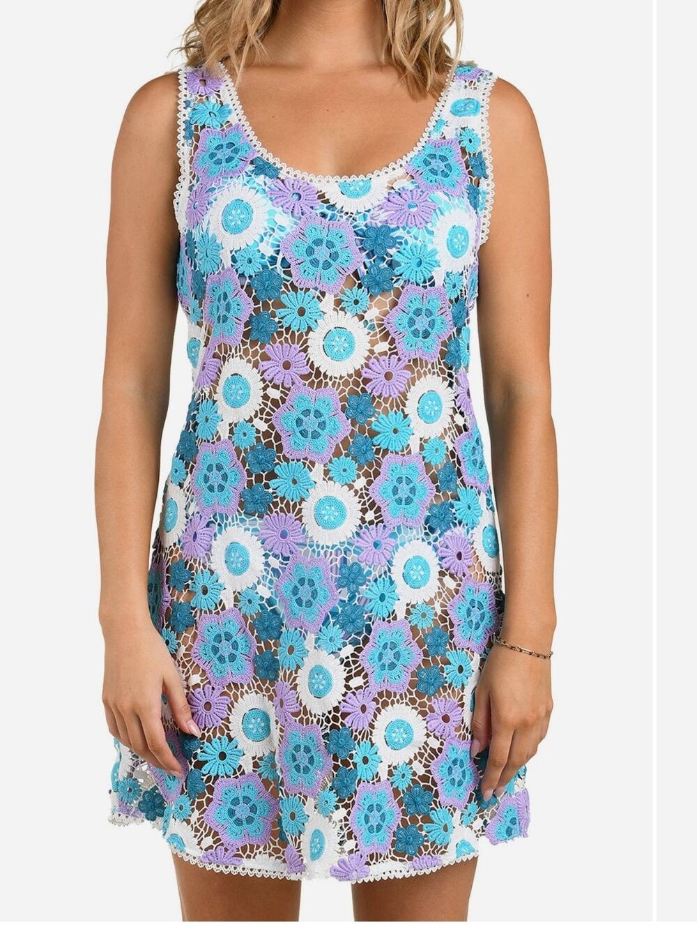 Citrus Happy Cover-Up Crochet Dress in Lagoon Blue Purple White NWT Small